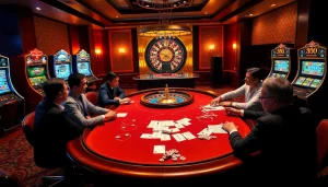 Engaging atmosphere of jeetbuzz ক্যাসিনো with poker tables, roulette wheel, and exciting slot machines.