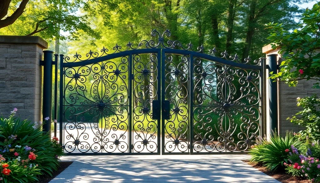 Showcasing custom steel gates with intricate designs in a beautiful garden setting.