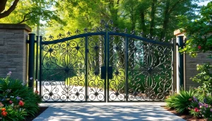 Showcasing custom steel gates with intricate designs in a beautiful garden setting.