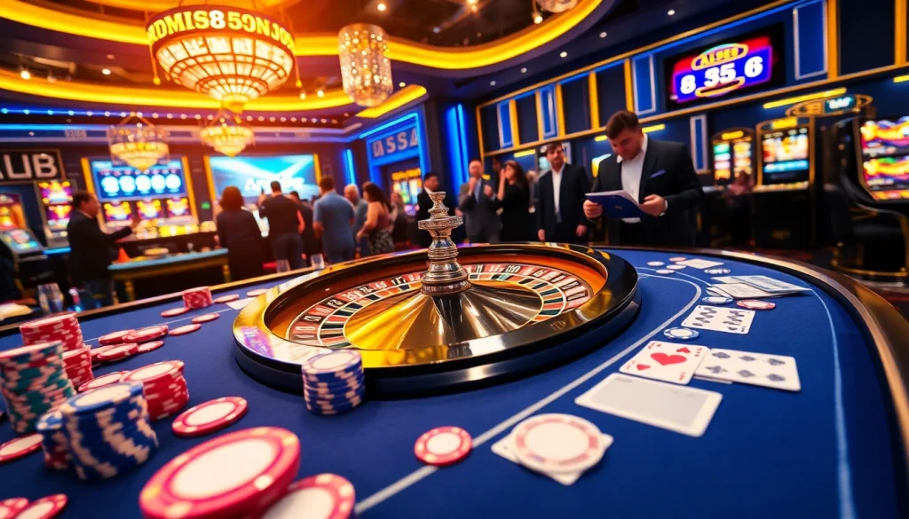 Experience the thrill of gambling at AF88 with a vibrant casino scene featuring poker chips, cards, and roulette.