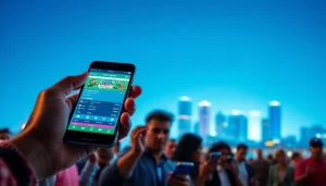 Engaging scene of users interacting with sports betting apps Oklahoma amid an Oklahoma skyline backdrop.