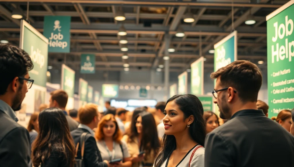 Engaging scene illustrating Job Help at a career fair with diverse job seekers and career advisors.