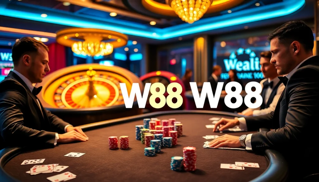Experience high-stakes excitement at W88 link with our dynamic casino scene featuring poker tables and roulette.