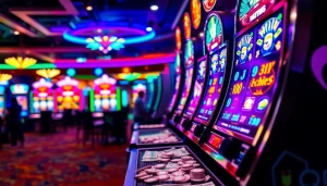 Menunjukkan slot pulsa yang menarik dengan mesin slot dan pemain yang bersemangat.