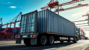 Drayage truck transporting shipping containers at a busy port, illustrating operational logistics.