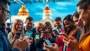 Engaging scene showing sports betting apps Texas being used by diverse individuals in a lively environment.