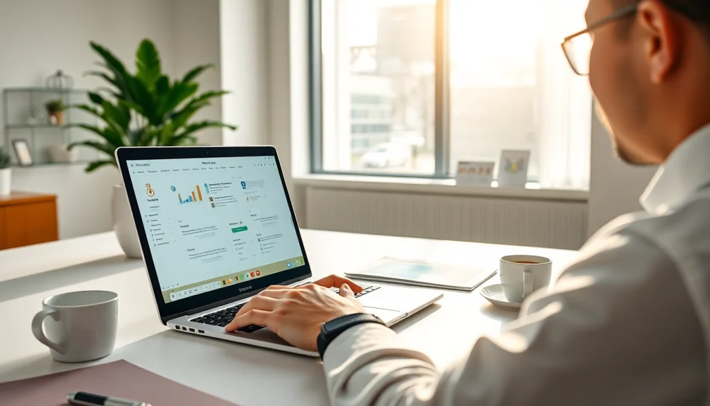 WPS office下载: Person using WPS Office on a laptop in a modern office workspace.