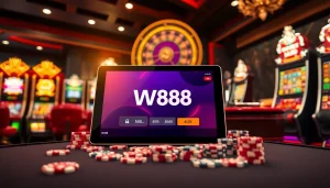 Cảnh casino hấp dẫn minh họa liên kết truy cập W88 đầy sinh động với các yếu tố trò chơi thú vị.