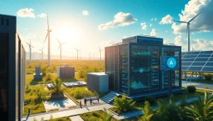 Dynamic aerial view of a cloud mining site focusing on renewable energy sources and AI-driven technology.