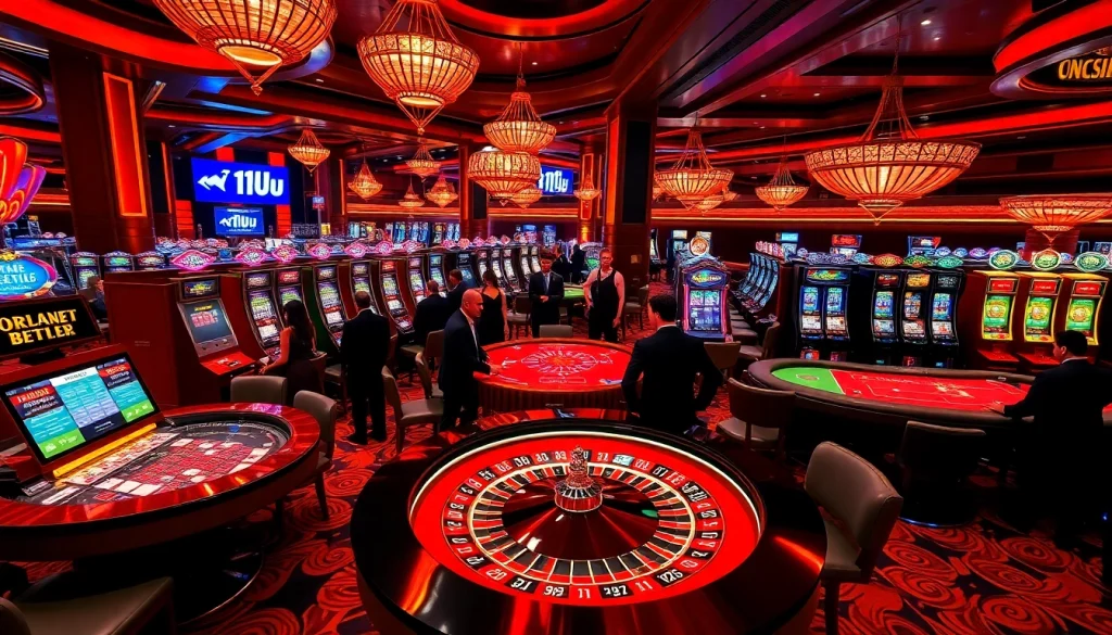 Players engaging at a luxurious casino table featuring 11UU themed elements and vibrant slot machines.
