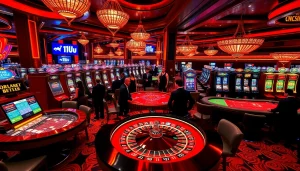 Players engaging at a luxurious casino table featuring 11UU themed elements and vibrant slot machines.