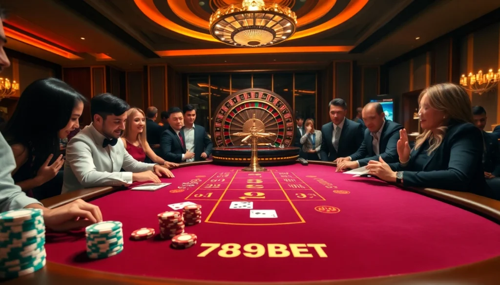 Players enjoying the thrilling atmosphere of 789BET at a luxurious casino table