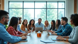 Engaging discussion in a professional business coaching service setting with entrepreneurs collaborating.