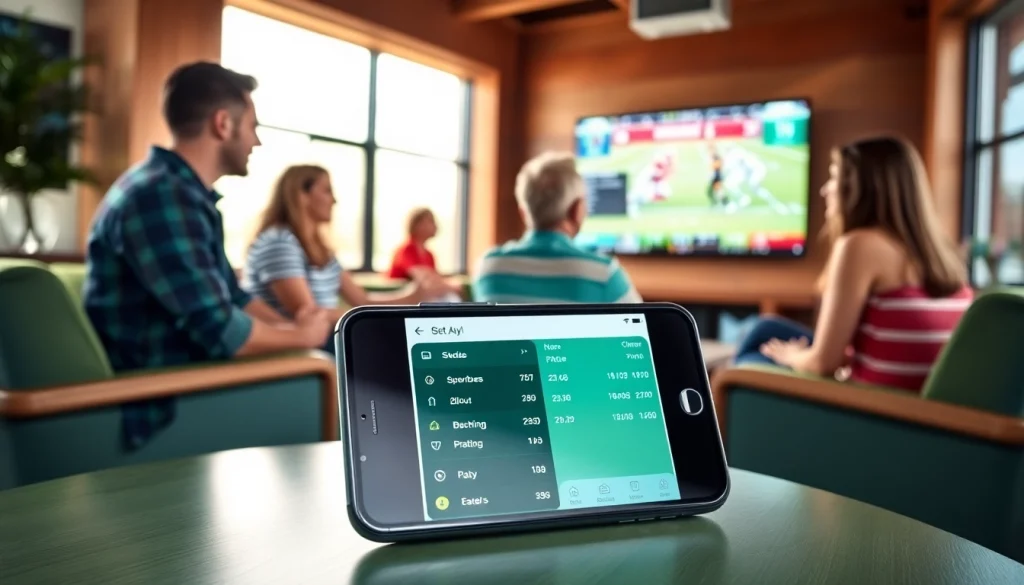 Explore sports betting apps California interface in a lively social setting with friends.