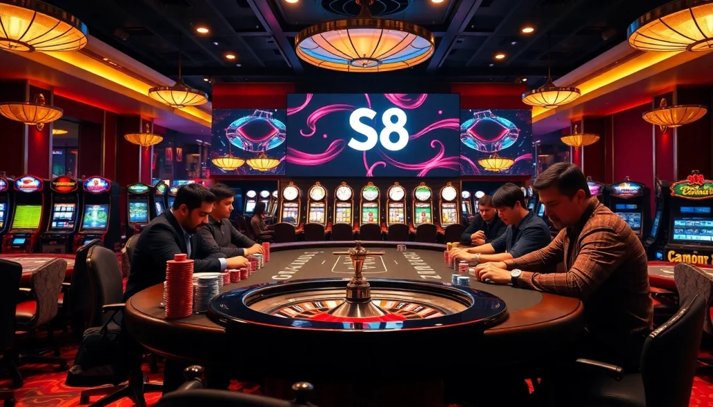 S8 casino gaming table with vibrant poker chips and players immersed in high-stakes action.