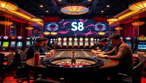 S8 casino gaming table with vibrant poker chips and players immersed in high-stakes action.