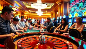 Players enjoying high-stakes games at rr88 com casino with roulette and vibrant slot machines.