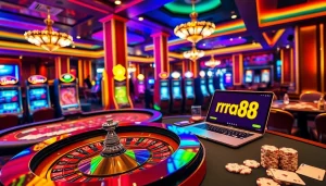 Exciting scene showcasing rr88 gratis with players at a roulette table in a luxurious casino.