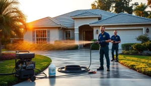 Soft wash crew revitalizing a home’s exterior in Kissimmee, FL, showcasing eco-friendly cleaning.