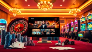 Experience the excitement of online gambling with vibrant visuals from https://rr88c.org/, featuring a luxurious casino scene.