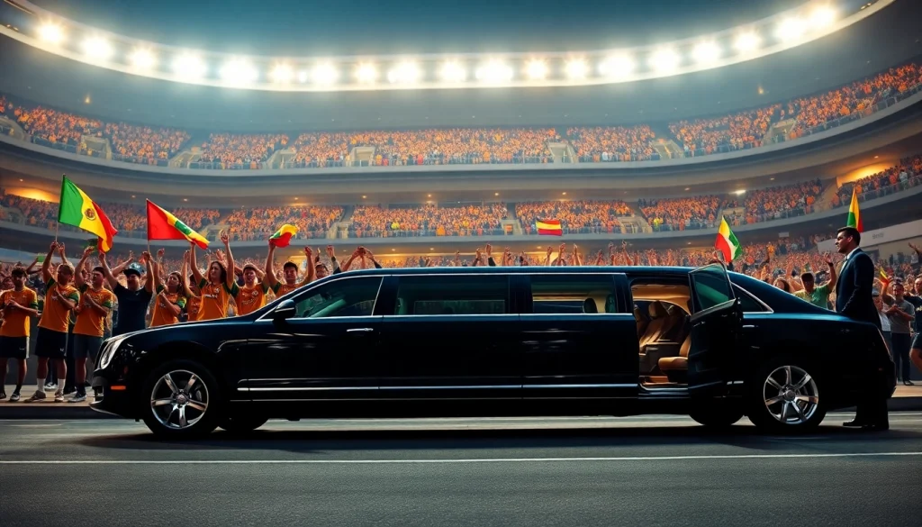World Cup Group Transportation: luxurious limousine ready for fans at the stadium with festive atmosphere.