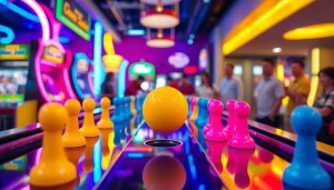 Permainan plinko yang menarik dengan bola meluncur dari papan permainan di arcade.