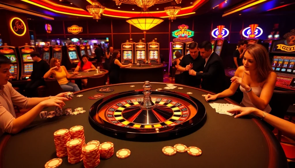 Players enjoying a luxurious Go8 casino experience with high-stakes poker and a vibrant roulette table.