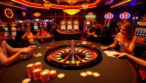 Players enjoying a luxurious Go8 casino experience with high-stakes poker and a vibrant roulette table.