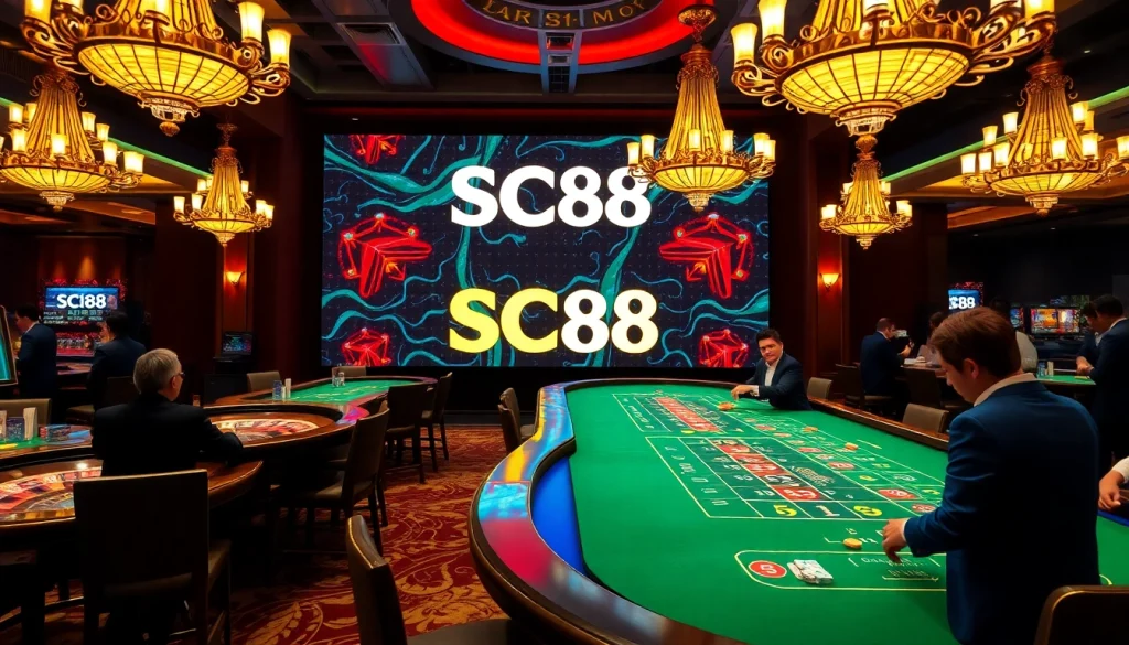 Excited gamblers playing at SC88 casino tables under bright chandeliers.