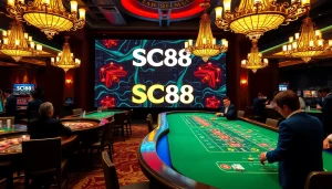 Excited gamblers playing at SC88 casino tables under bright chandeliers.