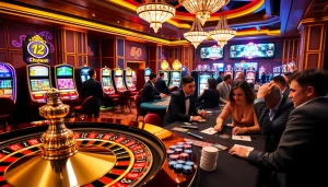 Excited players experiencing high-stakes gambling at Hi88 casino with roulette and poker tables.