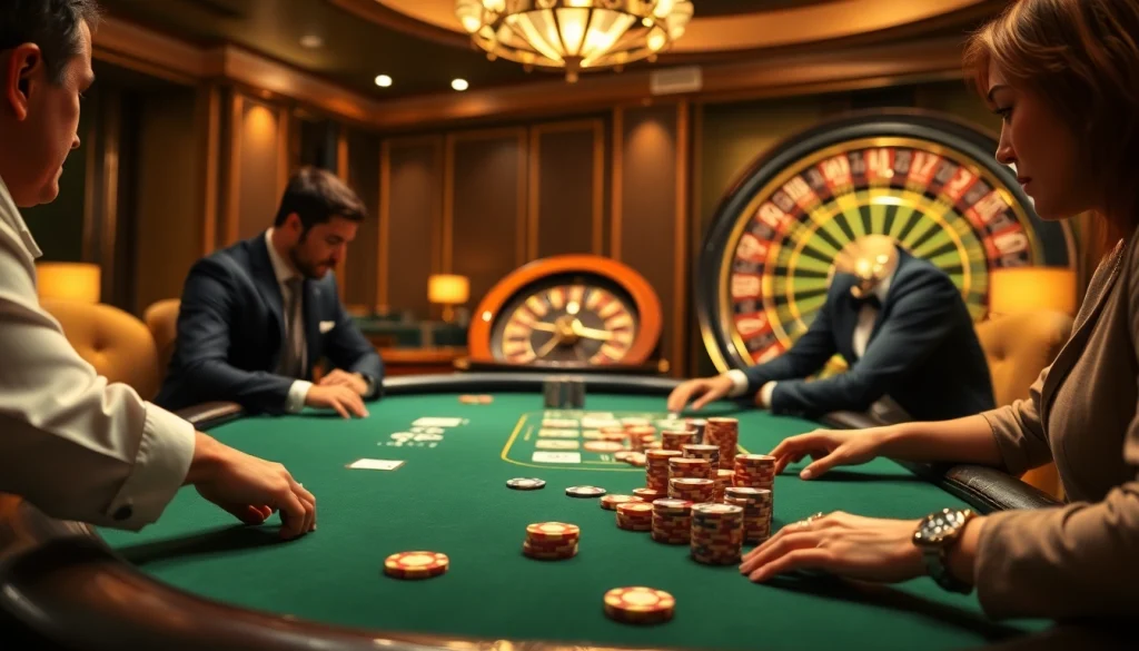 Engaged players strategizing at a high-stakes luck8 poker table surrounded by casino luxury.