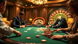 Engaged players strategizing at a high-stakes luck8 poker table surrounded by casino luxury.