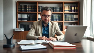 Soudní překladatel engaged in translation work at a modern workspace, highlighting professionalism and expertise.