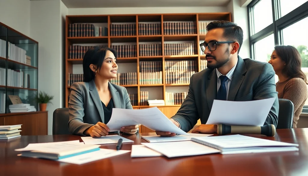 Real estate lawyer advising clients in a professional office environment.