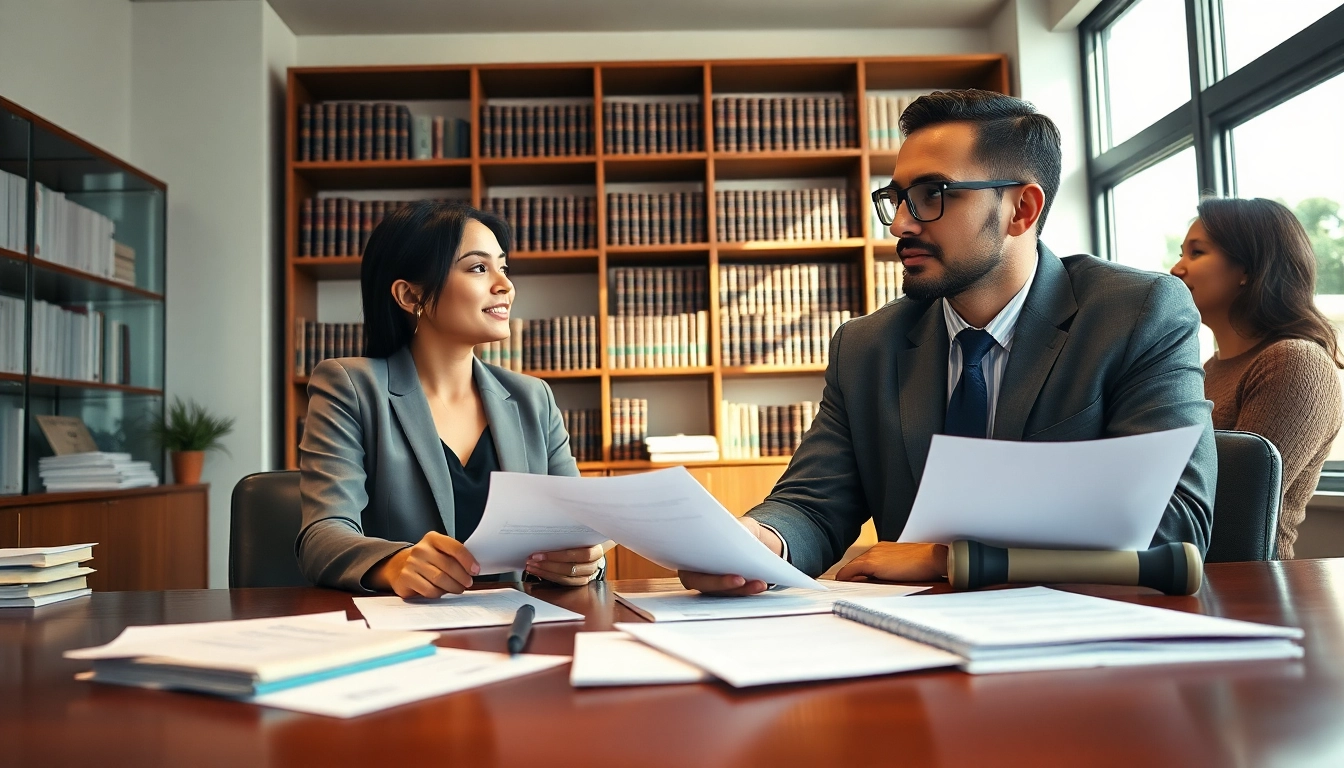 Real estate lawyer advising clients in a professional office environment.