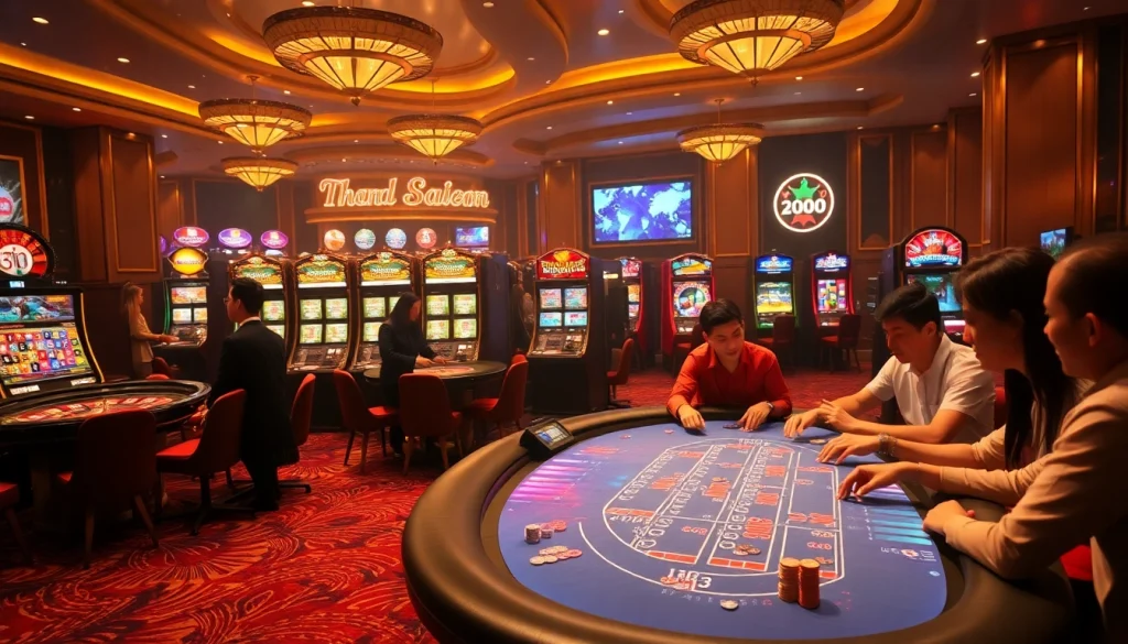 Players enjoying a vibrant game at nhà cái nohu90 casino with luxury gaming tables and colorful slots.