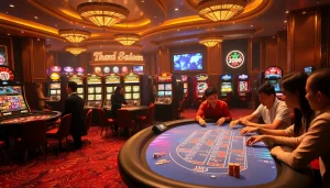 Players enjoying a vibrant game at nhà cái nohu90 casino with luxury gaming tables and colorful slots.