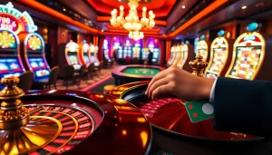Exciting casino gaming scene emphasizing 상품권신용카드 with poker chips and roulette tables.