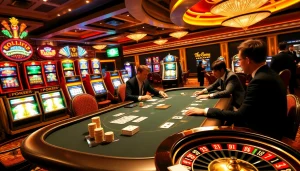 K88 gaming excitement with stylish poker action and vibrant slot machines in a luxurious casino.