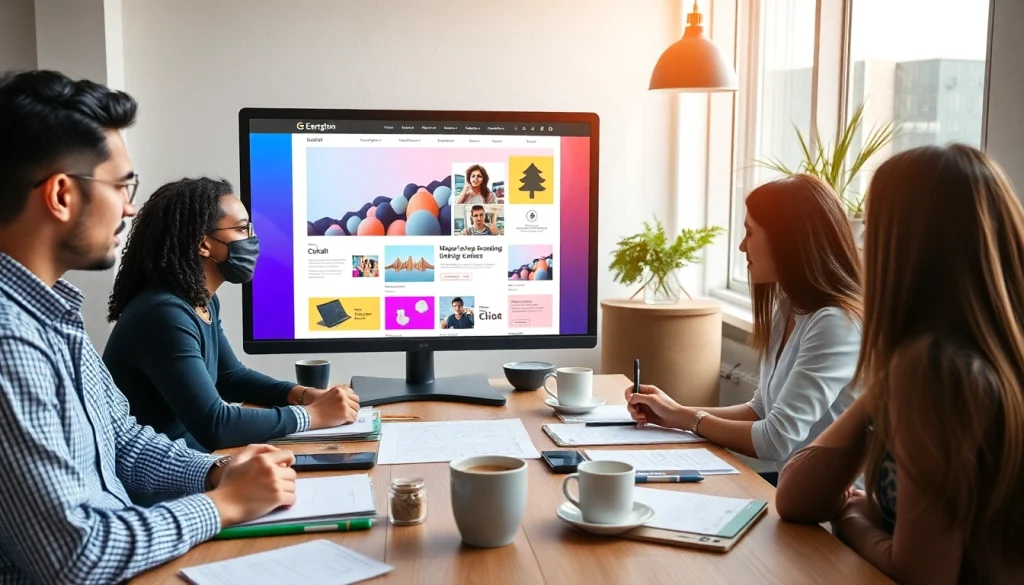 Team collaborating on a thiết kế website theo yêu cầu project in a creative workspace.