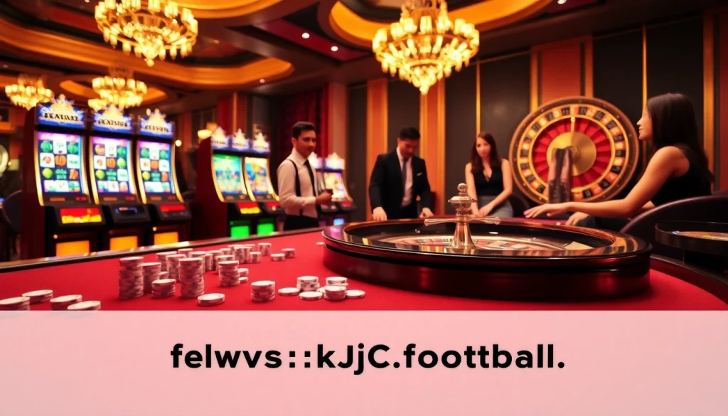 Engage in thrilling gameplay at https://kjc.football/ with vibrant casino visuals featuring poker chips and a roulette wheel.