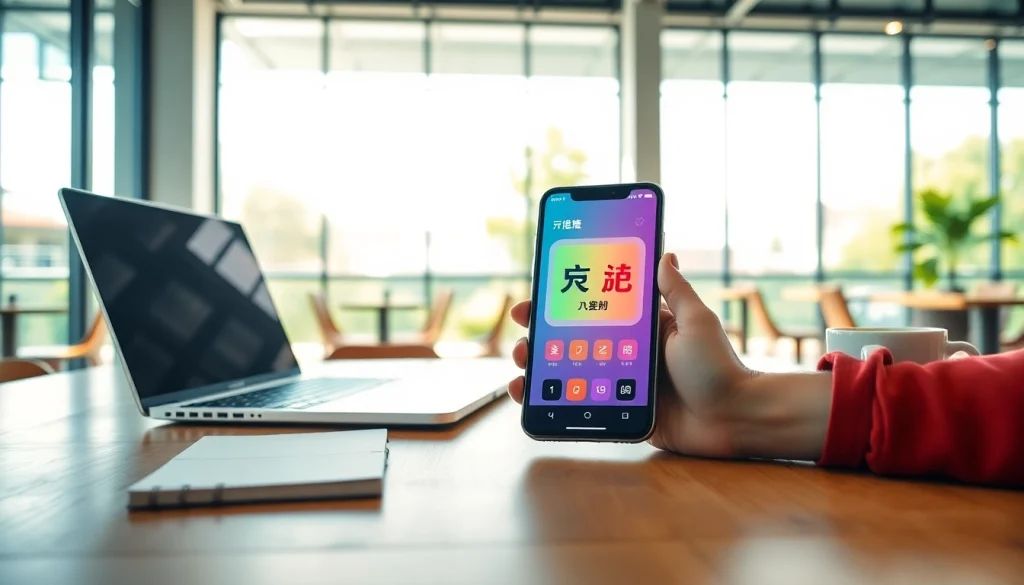 Engaging with 有道翻译 app in a modern café setting, showcasing language translation on a smartphone.