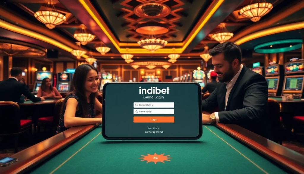 Engaging players using Indibet game login on a sleek mobile device amidst a luxurious casino backdrop.