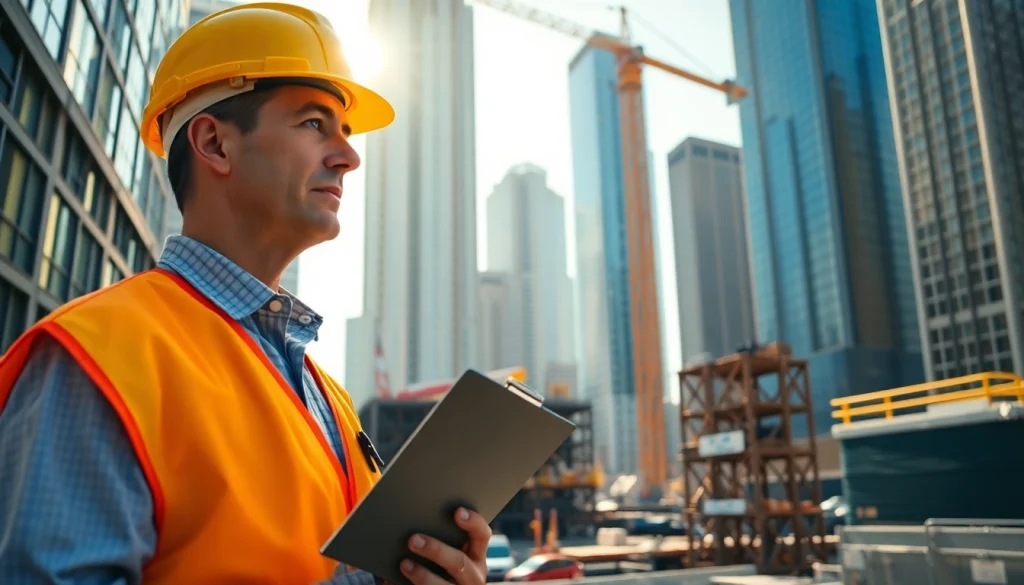 New York City Construction Manager supervising a busy urban construction site with cranes and buildings in background.
