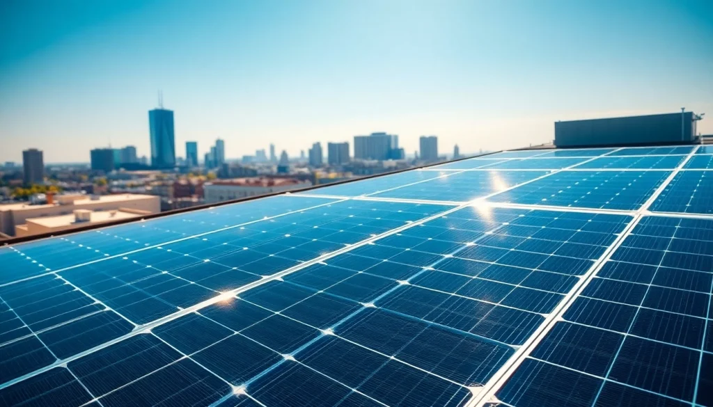 Installing Commercial solar panels Lincoln on a rooftop with a cityscape backdrop.