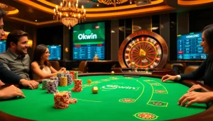 Experience the excitement of Okwin with elegant casino visuals showcasing thrilling games.