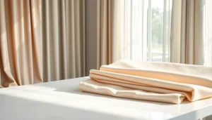 Gordijnstof in luxueuze stoffenstalen gepresenteerd op een moderne tafel.