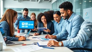 Team collaborating on WPS office下载 in a modern workspace, showcasing productivity with digital tools.