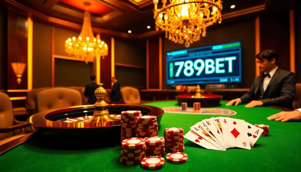 Experience the excitement of gambling at 789BET with poker chips and a roulette wheel.